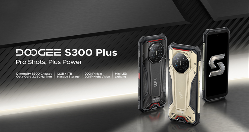 도기 S300 플러스는 디멘시티 8300 기반의 신뢰할 수 있는 휴대폰으로, 1TB 저장 용량과 조절 가능한 미니 LED 백라이트를 장착하고 있습니다