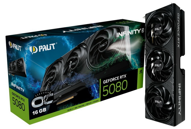 팔릿은 GeForce RTX 5080 Infinity 3을 RGB 백라이트 없이 출시했으며, 오버클럭 버전과 일반 버전을 모두 포함합니다
