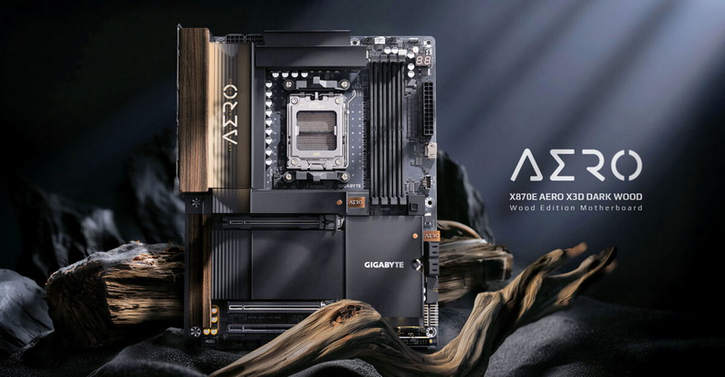 기가바이트는 어두운 나무를 연상시키는 디자인으로 X870E Aero X3D Dark Wood 그래픽 카드를 출시했다